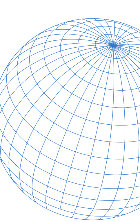 3D wireframe globe illustration with blue grid lines, representing global geography and spatial relationships.