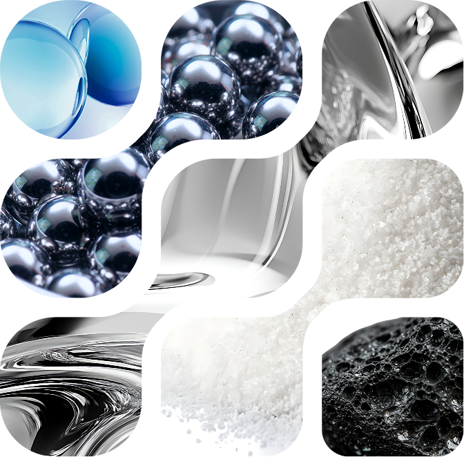 Abstract collage of various materials including glossy bubbles, metallic spheres, liquid reflections, white crystalline substances, and textured black foam, showcasing diverse textures and visual aesthetics for design and material inspiration.